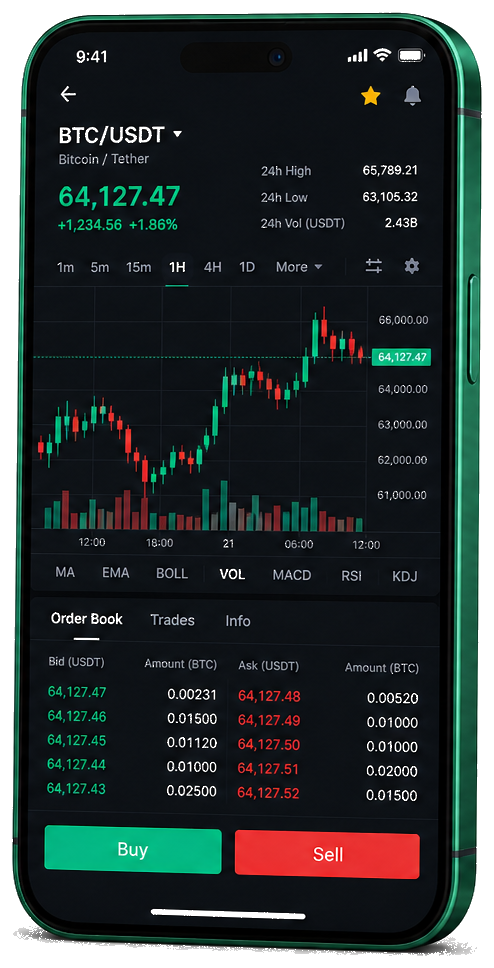 Interface mobile de trading Lavunor — cours BTC/USDT en temps réel, carnet d’ordres et outils de suivi des transactions